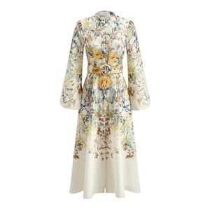 Commense Multicolor Belted Balloon  Floral Long Sleeve Dress Size Large NWT